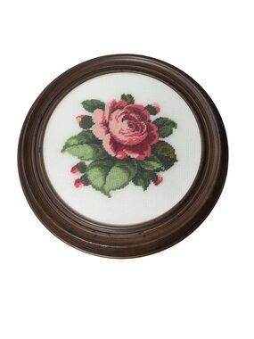 Vintage 12" Framed Petit Point Needlepoint Floral Roses 1980s